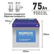 Аккумулятор NORDIX 95D23L 75Ah (обр) 650А 232*175*225 необслуж.